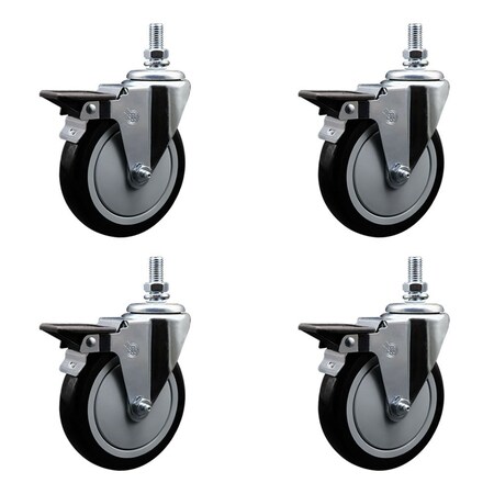 Service Caster 5 Inch Black Polyurethane 10 MM Threaded Stem Caster Set with Brake SCC-TS20S514-PPUB-BLK-PLB-M1015-4